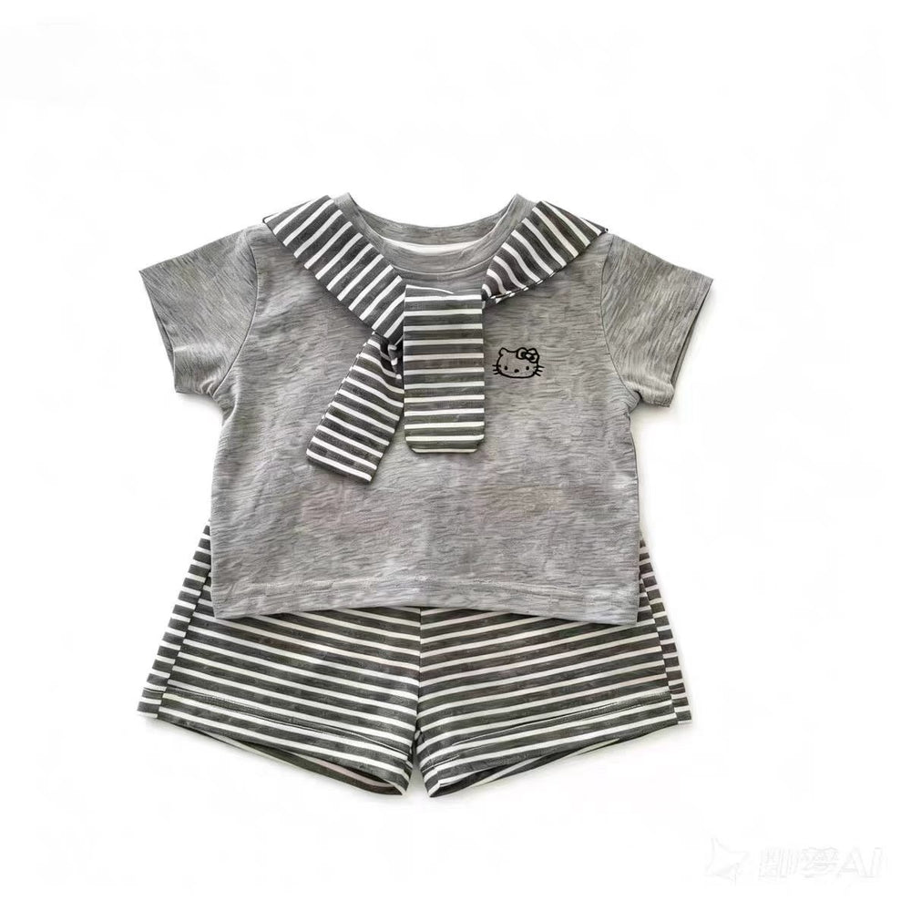 【in stock】girls' summer casual outfit  - kids' flutter sleeve cat print solid color shawl top & striped pants set