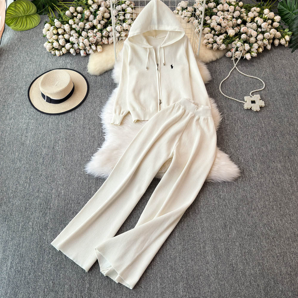 Women's casual knit set - autumn/winter versatile zip-up hoodie sweater jacket & high-waisted wide-leg pants two-piece outfit