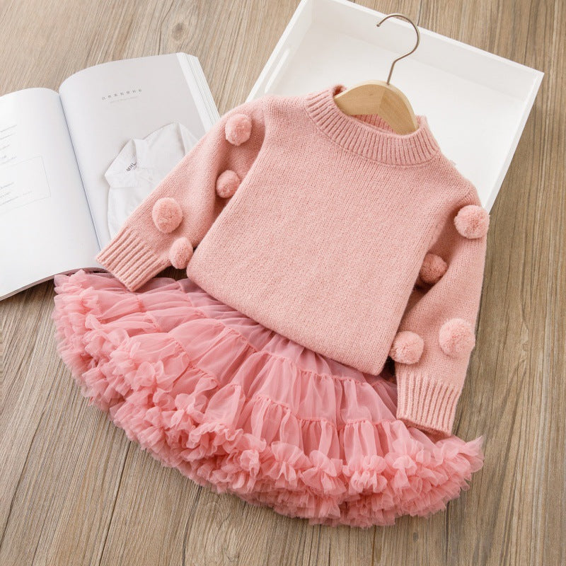 Girls' christmas sweater dress set - kids' round neck fleece-lined thickened princess dress two-piece puffy skirt autumn/winter outfit