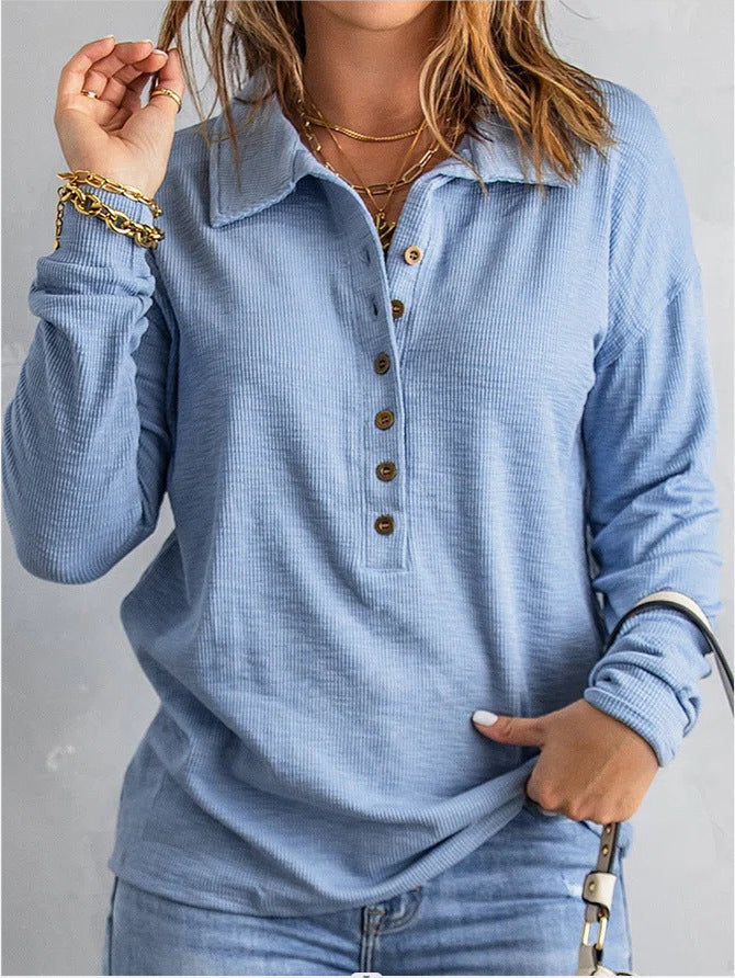 Amazon cross-border pure colorknitting shirt women's single-breasted lapel long sleevesloosecasual bottomtopsfall and winternew arrival