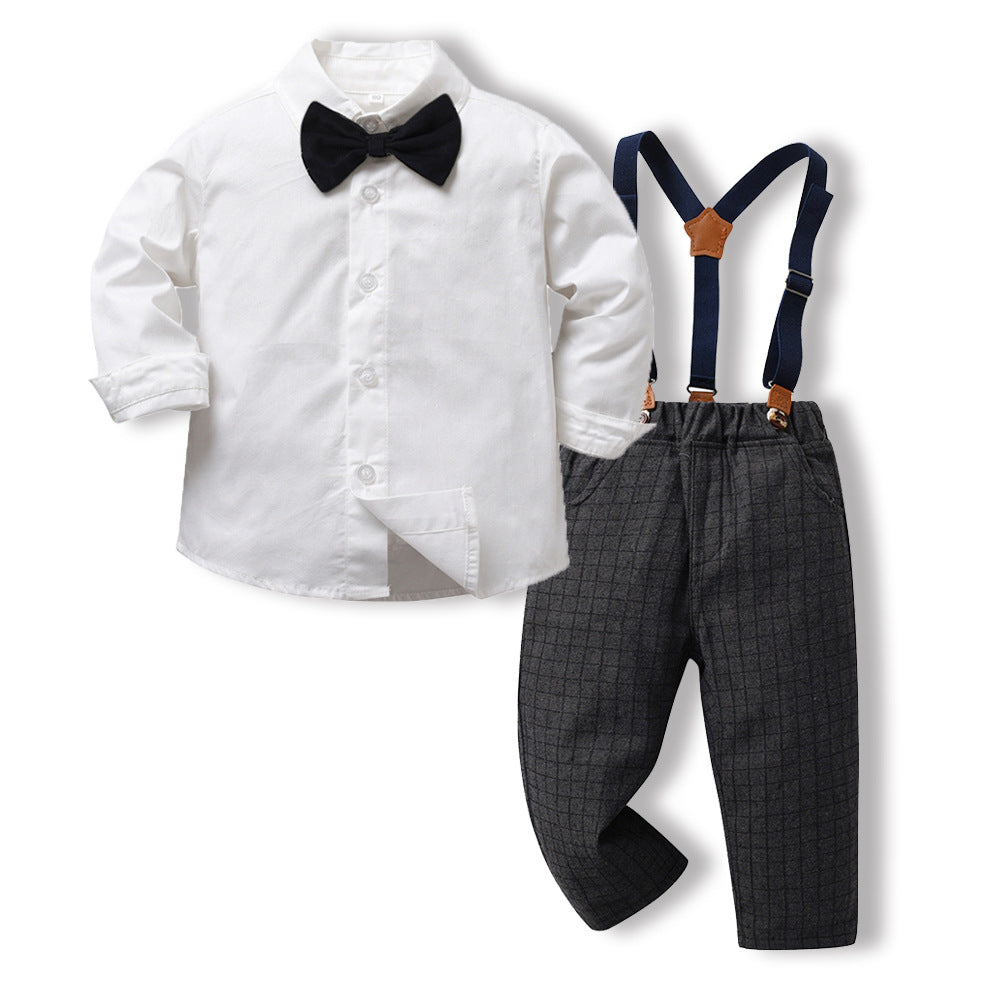 Wholesale children's clothing: new autumn long-sleeve white shirt with tie and overalls - stylish korean style formal wear for kids