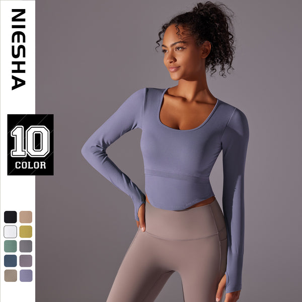 New knitted solid color split belly pocket threaded sports integrated cup yoga long sleeve running fitness yoga clothes top