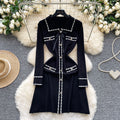 French retro chic color block polo collar long sleeve knit dress with metal buckle waist detail - slimming and elegant