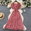 Summer women's niche design criss-cross v-neck flutter sleeve cinched waist chiffon dress - ethereal ruffle maxi dress