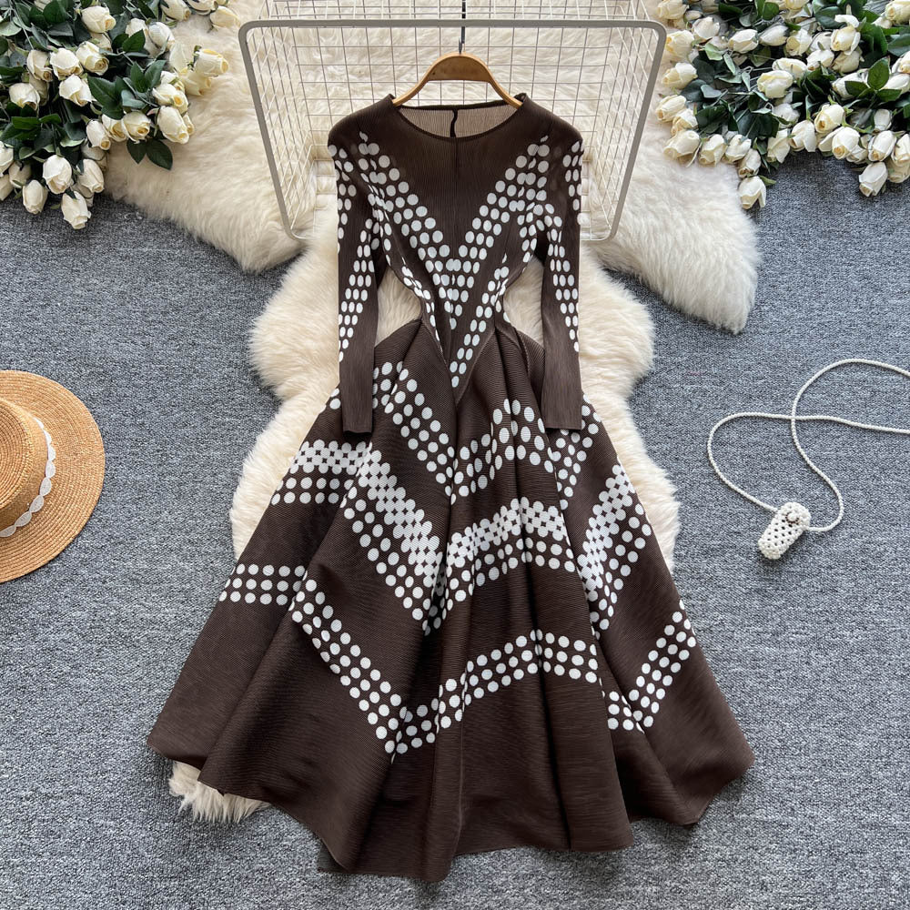 Miya pleated european and american dress women's autumn and winter european and american fashion asymmetrical printing waist elegant large swing pleated skirt