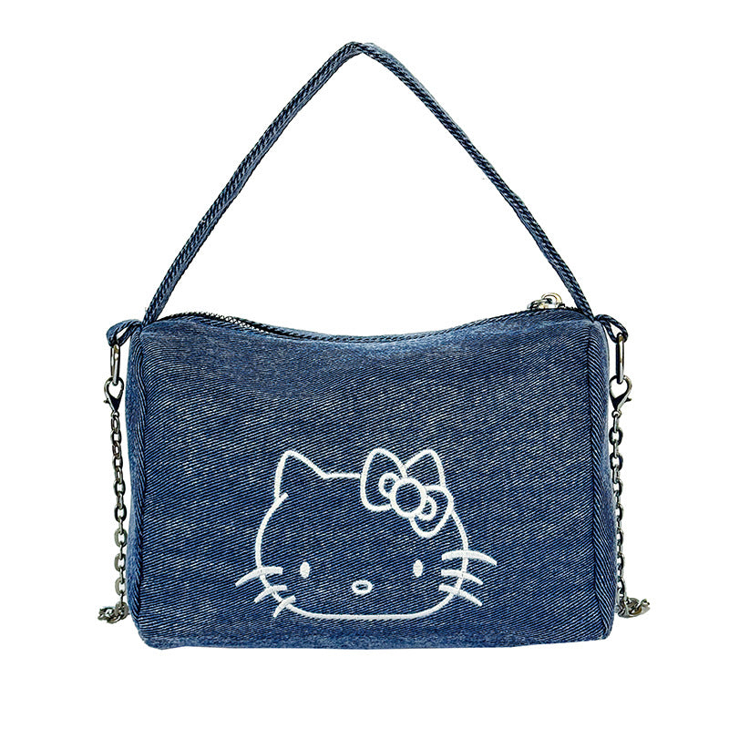 Cross-border cute cat embroidery cylinder handbag women's new shoulder bag portable handbag chain messenger bag women