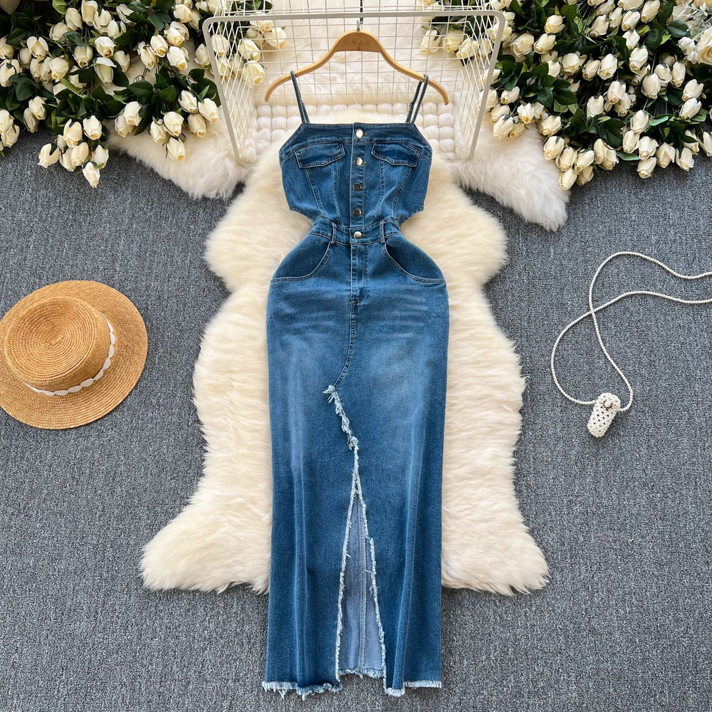 Chic hong kong style retro denim dress - designer raw hem slit slim fit midi slip dress - women's summer fashion