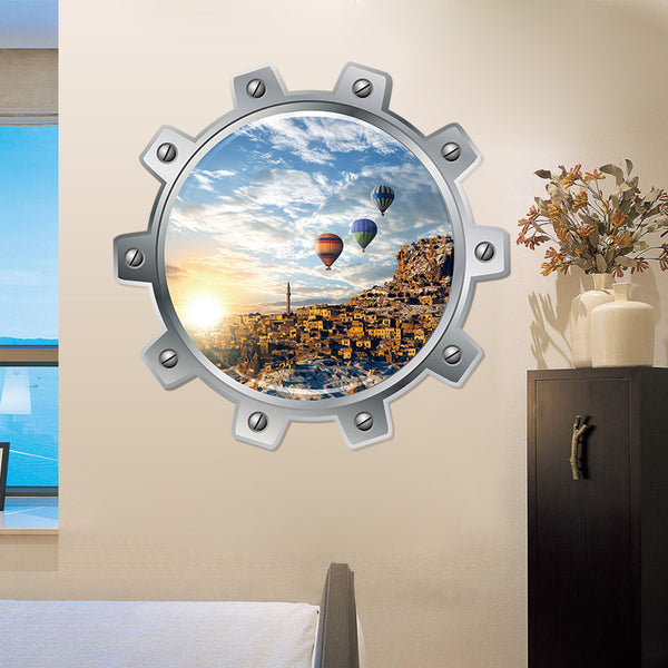 Wall stickers Shanghai false window scenery ocean city hot air balloon stickers living room bedroom decoration stickers sea sail
