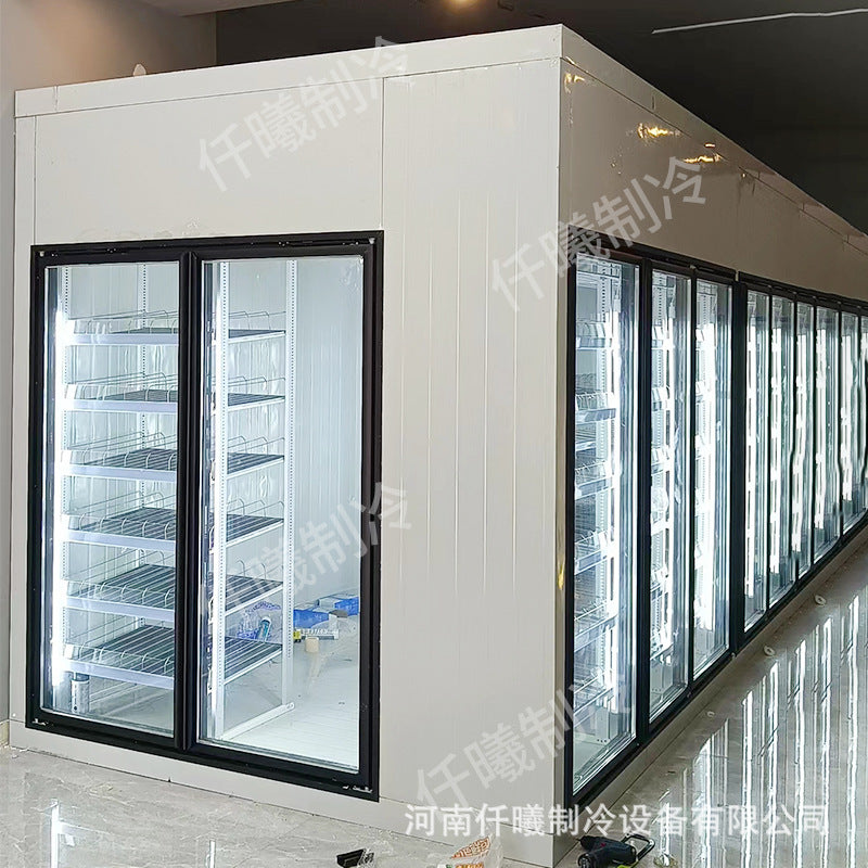 Complete set of refrigerated and frozen storage equipment, including fruit and vegetable preservation cabinets, glass-door back-lit cold storage display cabinets, and flower refrigeration cabinets