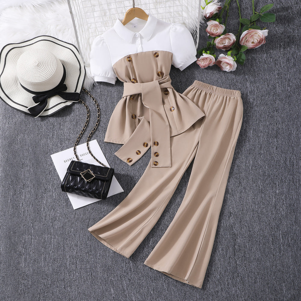 Girls' outfit set: white and brown color block collared top + wide leg flare pants fashion set