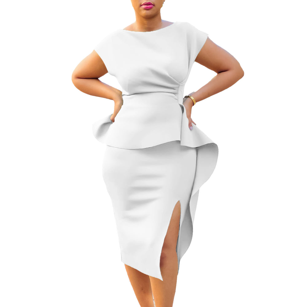 Q092  foreign trade women's v-neck solid color bodycon dress with ruffle hem and slit - professional european and american style