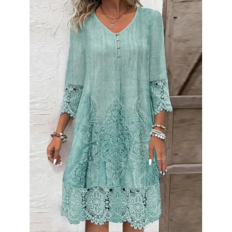 Shipped:  cross-border fashion -  spring/summer new arrivals - solid color lace trim dress (europe & america)