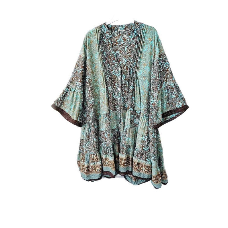 fashion: european and american style, summer new arrival - elegant flared sleeve printed v-neck dress for women