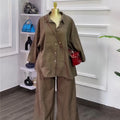 European and american cross-border women's fashion:  autumn new collection - stylish turn-down collar, loose-fit, three-quarter sleeve blouse and wide-leg pants set