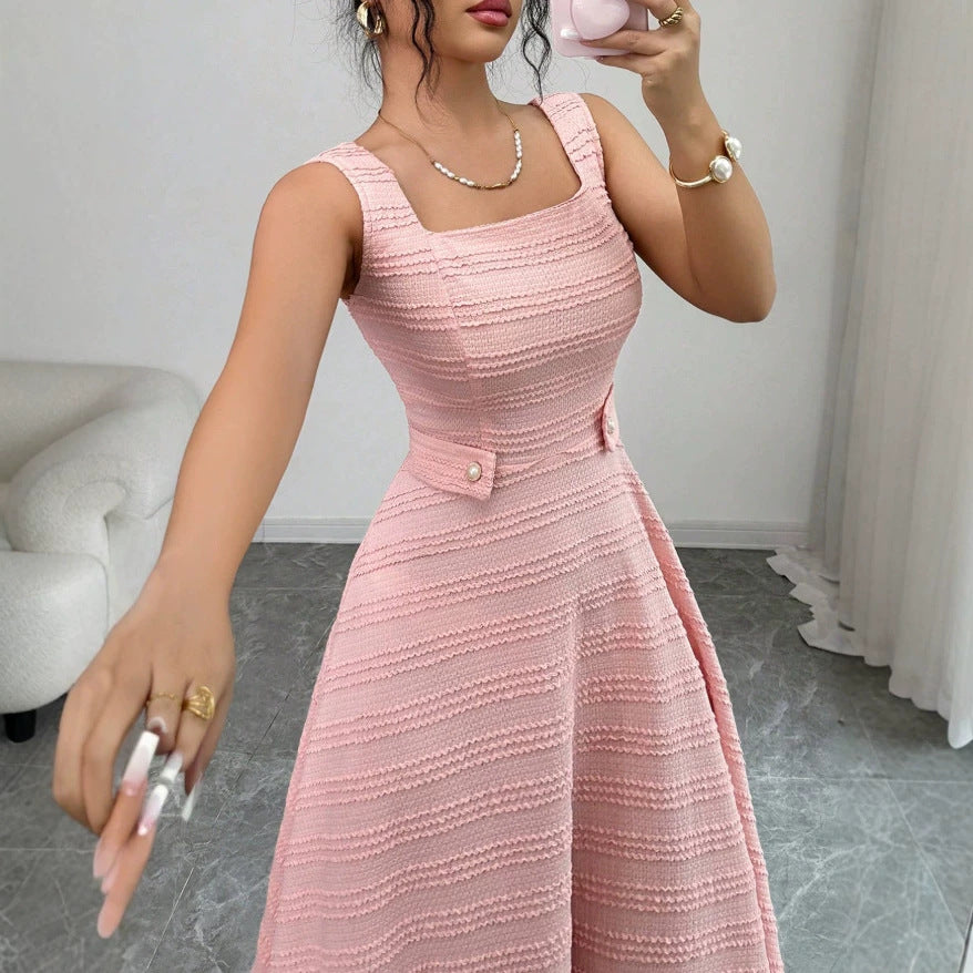summer new arrival: elegant pink crew neck sleeveless knit dress with rhinestone button accents and openwork crochet detail