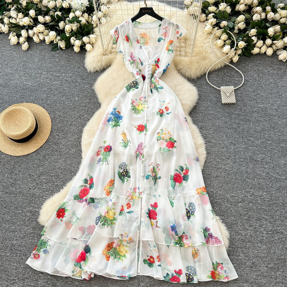 French holiday style printinglongdress women's waist elegant deep v neck small flying sleeves ruffles chiffon long skirt