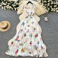 French holiday style printinglongdress women's waist elegant deep v neck small flying sleeves ruffles chiffon long skirt
