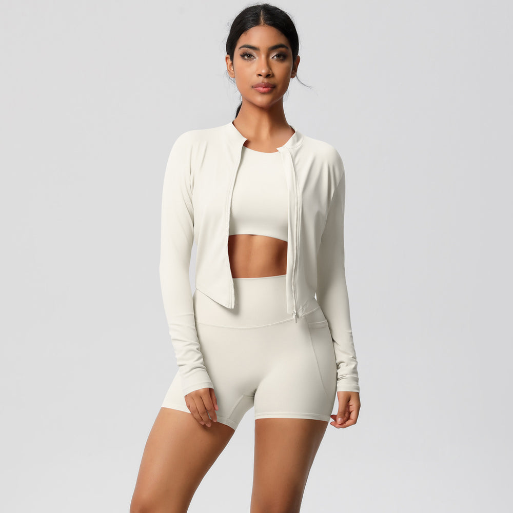 Solid color fleece-lined yoga set: quick-dry activewear with cloud-like comfort, featuring pockets – perfect for outdoor leisure, running, and fitness (3-piece set)