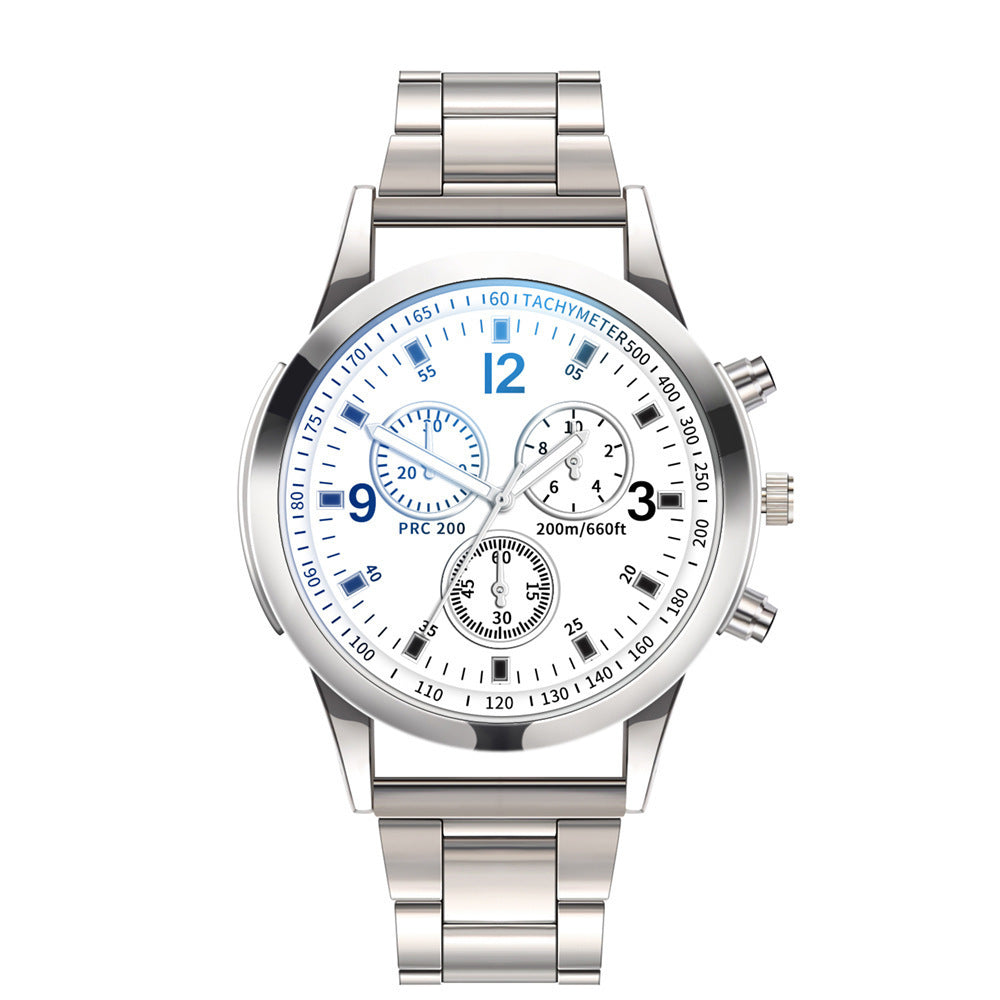 Factory direct iridescent blue light glass three-eye stainless steel watch - men's quartz watch, gift, cross-border watch for men