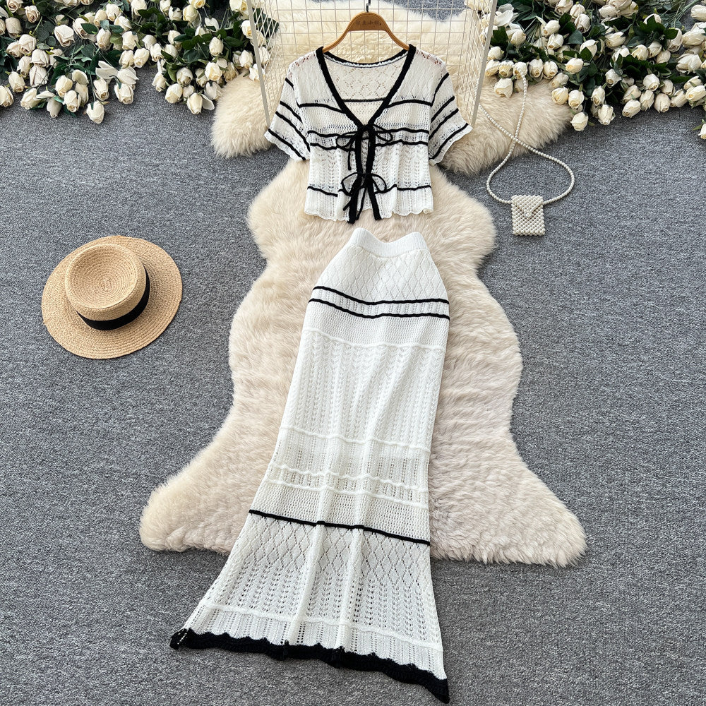 Korean style commute outfit: women's summer knitted two-piece set - v-neck tie-up slim fit suit with white color block stripes