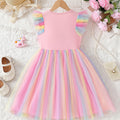 Girls' rainbow flutter sleeve unicorn print mesh princess dress - summer kids' colorful gradient tulle dress