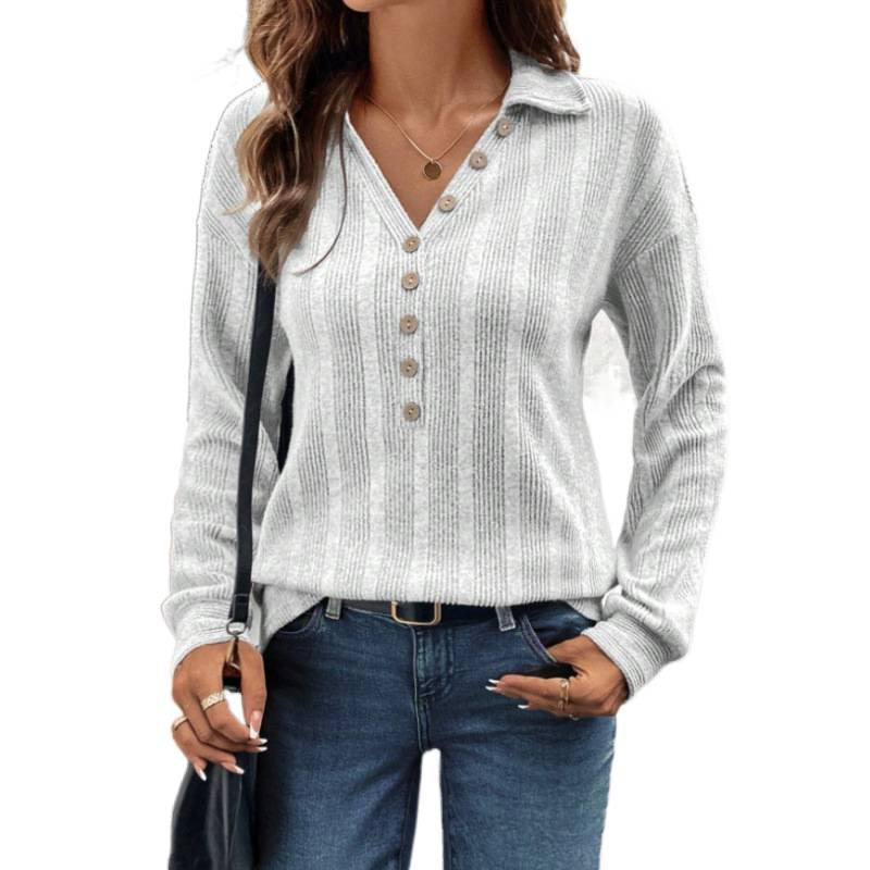 women's cross-border ribbed knit v-neck sweater - stand collar half-open long sleeve casual pullover