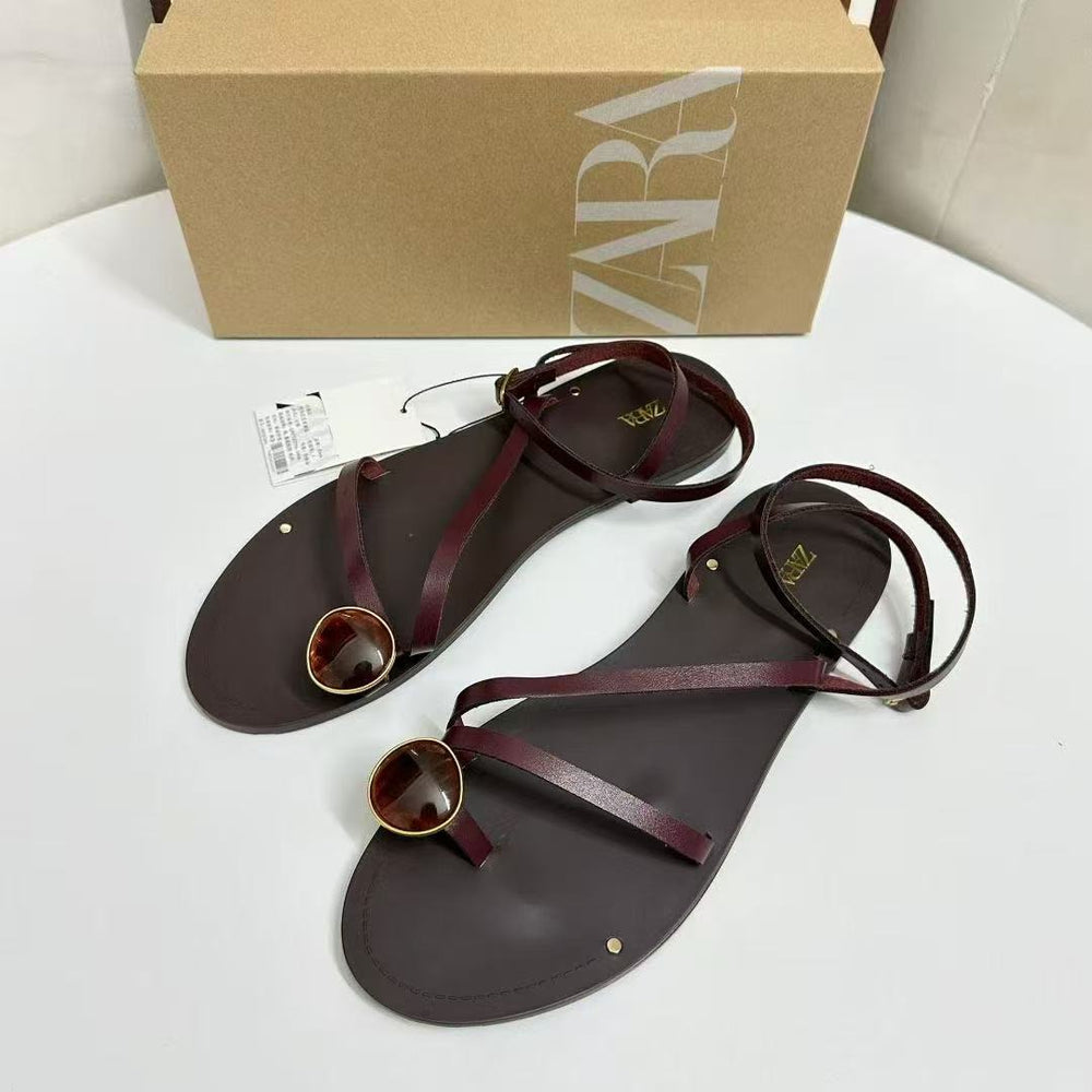 Za women's flat fairy style thin strap sandals 2025 new summer one-strap buckle clip-toe roman sandals