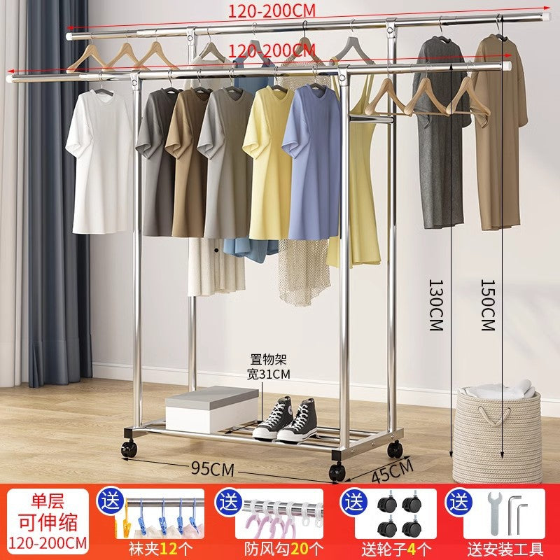 Clothes drying rack floor-standing thickened telescopic for home indoor and outdoor storage rack balcony single and double pole clothes hanger
