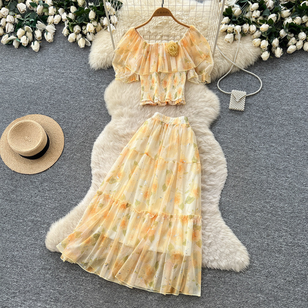 French romantic one-shoulder bubble sleeve floral two-piece set - women's summer high-waisted mesh cake skirt elegant outfit