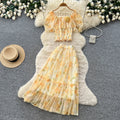 French romantic one-shoulder bubble sleeve floral two-piece set - women's summer high-waisted mesh cake skirt elegant outfit