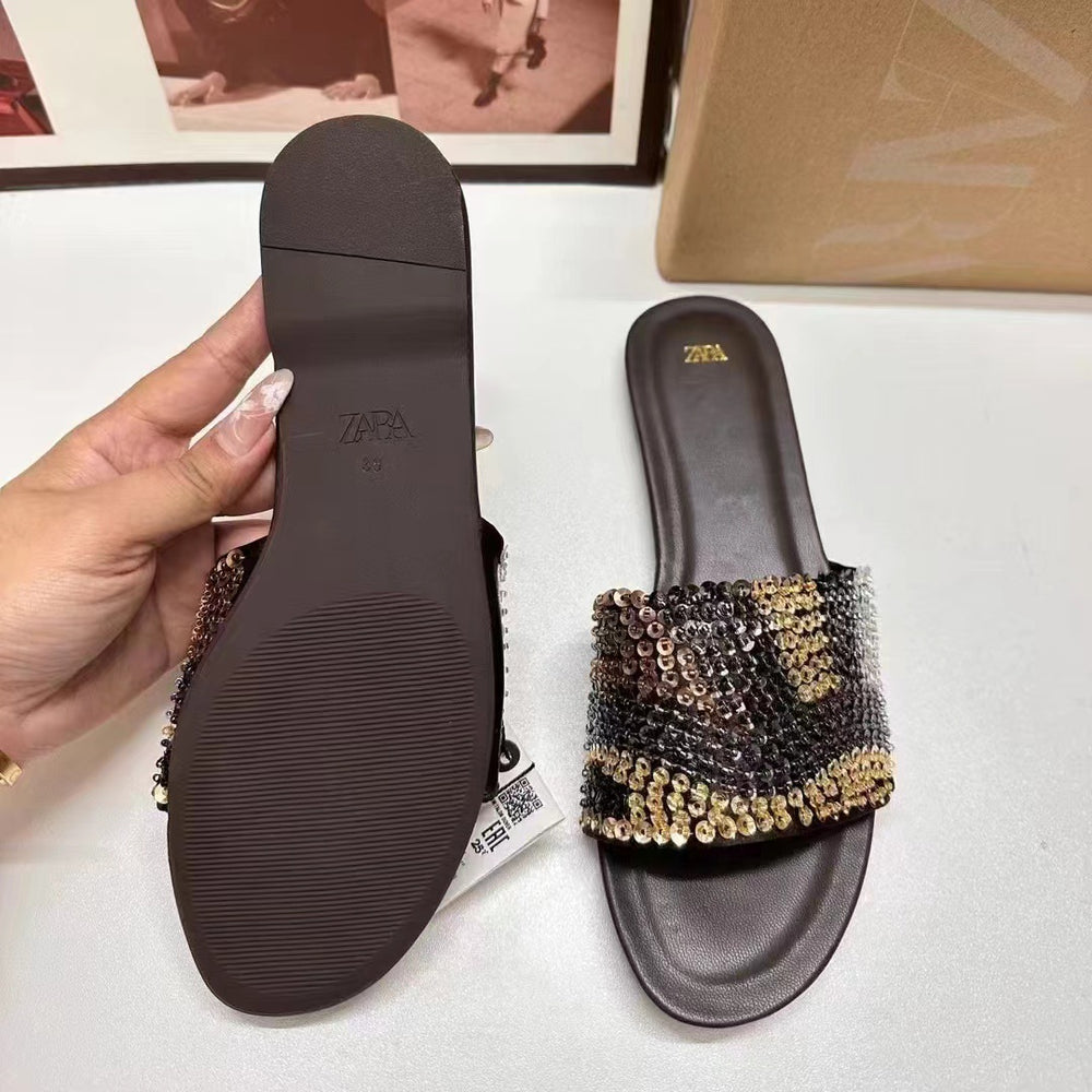 Za2024summer new women's shoes beaded flat bottom fashion sandals casualoutwear color matching one-line women's shoes