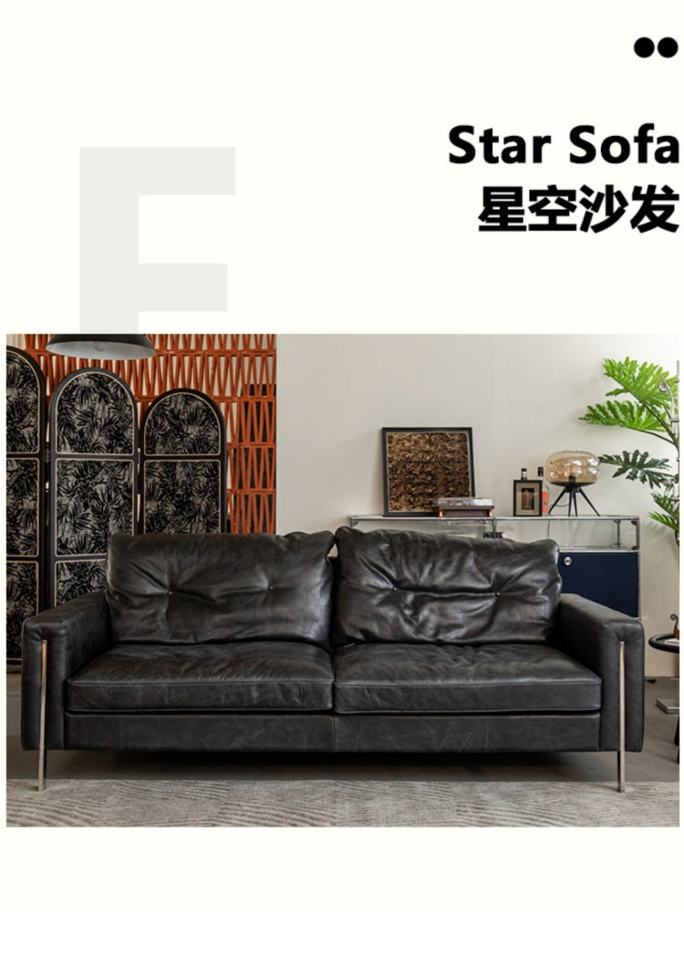 Retro style oil wax genuine leather bauhaus sofa casual designer straight row down medieval style small apartment leather sofa