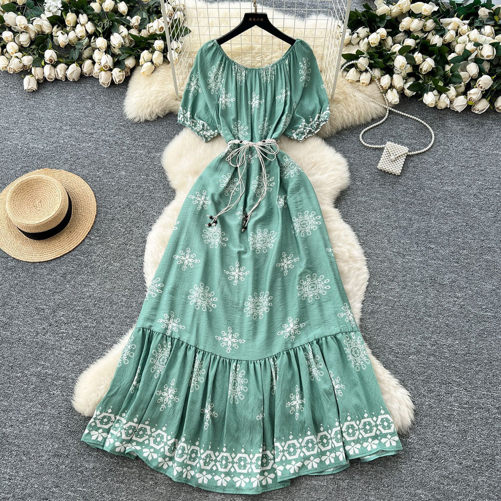 Literaryretro one shoulder lantern sleeve strap waist printingdress women's summer slimming lookelegantruffles long skirt