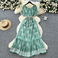 Literaryretro one shoulder lantern sleeve strap waist printingdress women's summer slimming lookelegantruffles long skirt