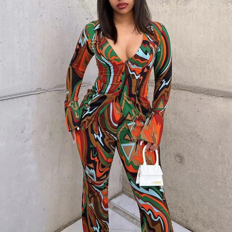Printed deep v sexy blouse and wide-leg pants two-piece set - women's  european and american autumn fashion casual outfit