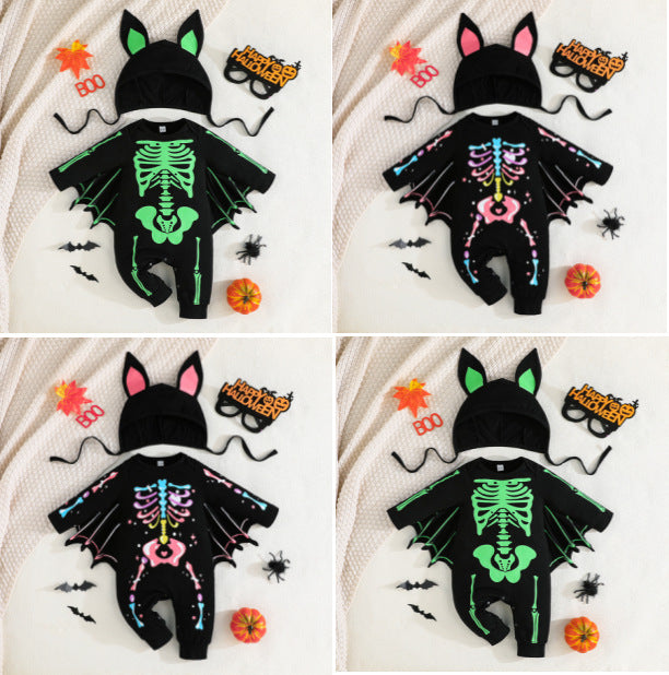 new halloween baby costume: skeleton & bat long-sleeve romper with hat