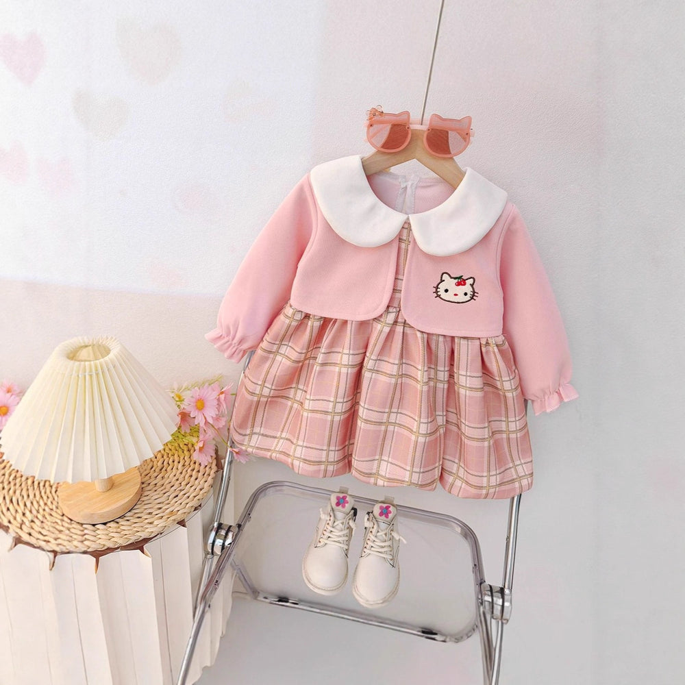 【dropshipping】baby girl dress  new stylish children's princess dress plaid kitten pattern princess dress