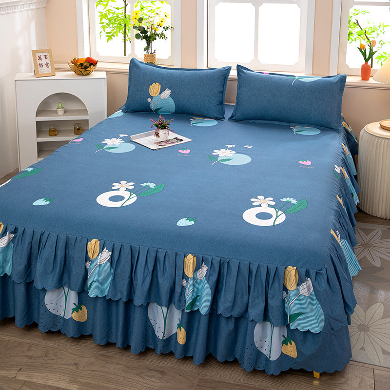 Solid color new light luxury minimalist embroidered single bed skirt fitted sheet non-slip bedspread four seasons princess style single piece