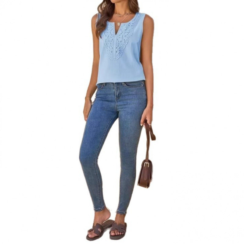 Amazon sleeveless v-neck linen shirt -  summer new arrival - lace bohemian style vacation tank top
