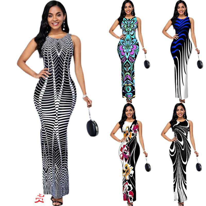 european and american style women's apparel for export -  digital print crew neck sleeveless side slit dress