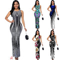 european and american style women's apparel for export -  digital print crew neck sleeveless side slit dress