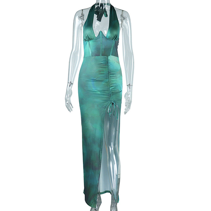 Sexy silmdressv neckhalter slit mid-length skirt drawstring printingpullover skirt exportslimming look