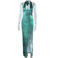 Sexy silmdressv neckhalter slit mid-length skirt drawstring printingpullover skirt exportslimming look