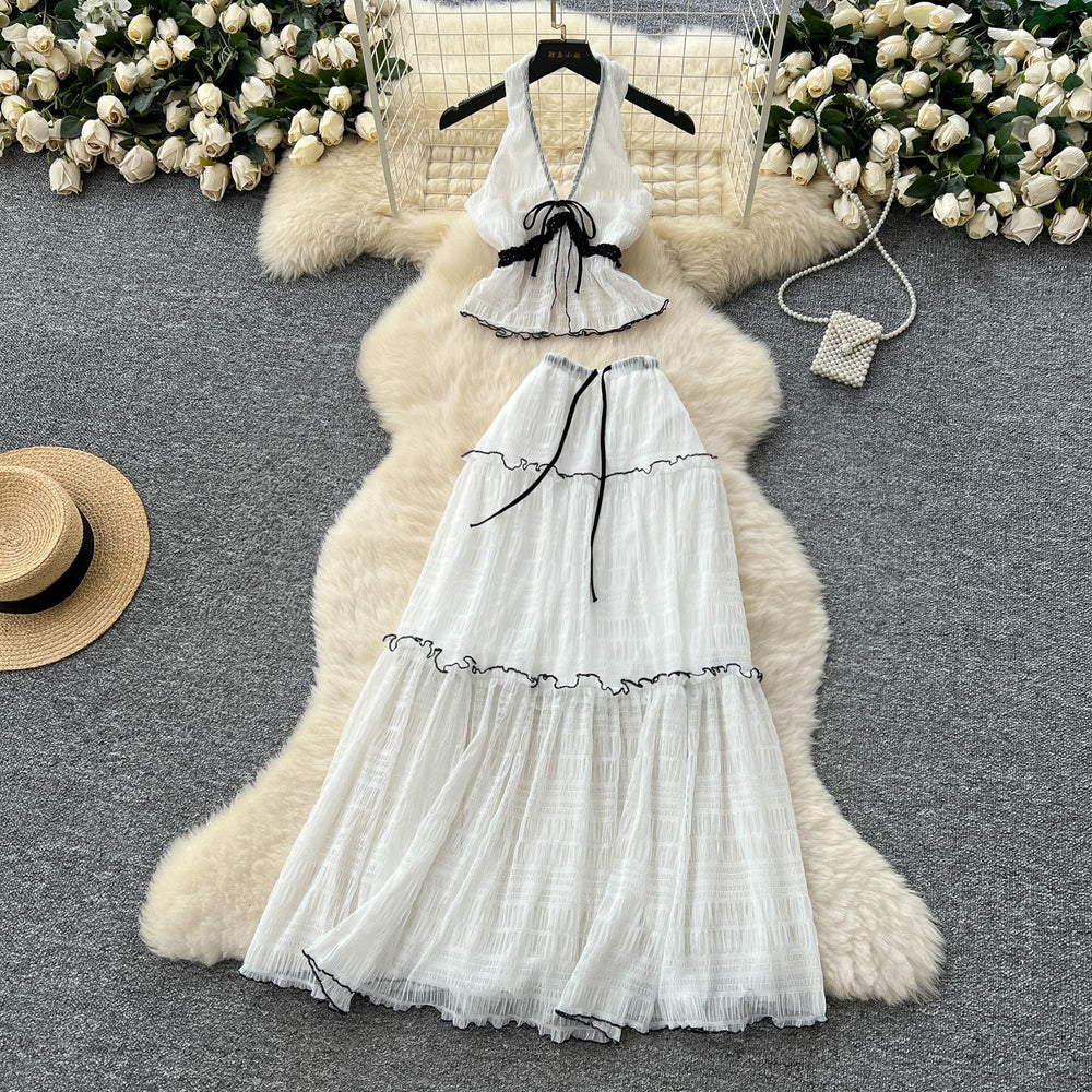 Pure desire vacation suit women's summersexyhalter neck v neckbackless chiffon topshigh waist swing skirt suit