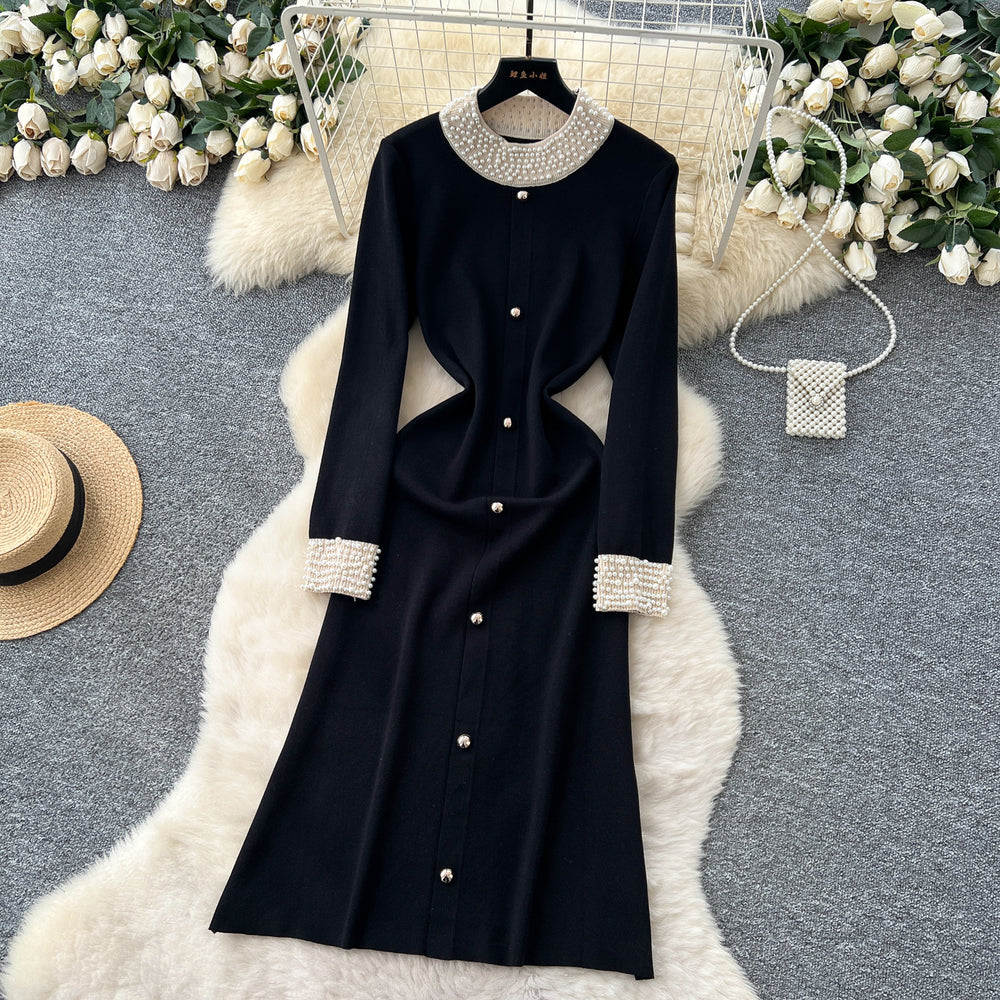 Elegant and high-end beaded round neck long sleeve knitted midi dress - women's autumn slim-fit inner layer sweater dress