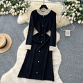 Elegant and high-end beaded round neck long sleeve knitted midi dress - women's autumn slim-fit inner layer sweater dress