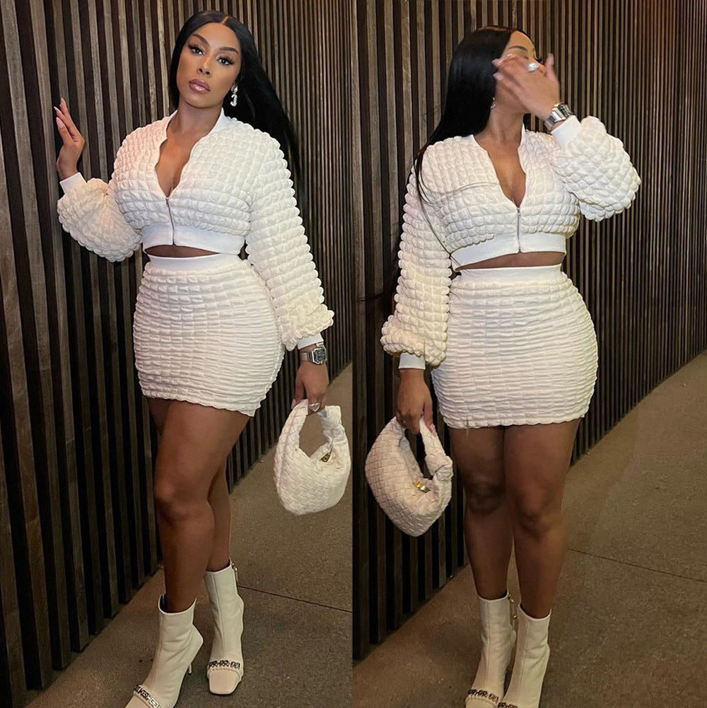 European and american cross-border women's clothing:  new fashion casual slim-fit bubble zipper top and bodycon skirt set