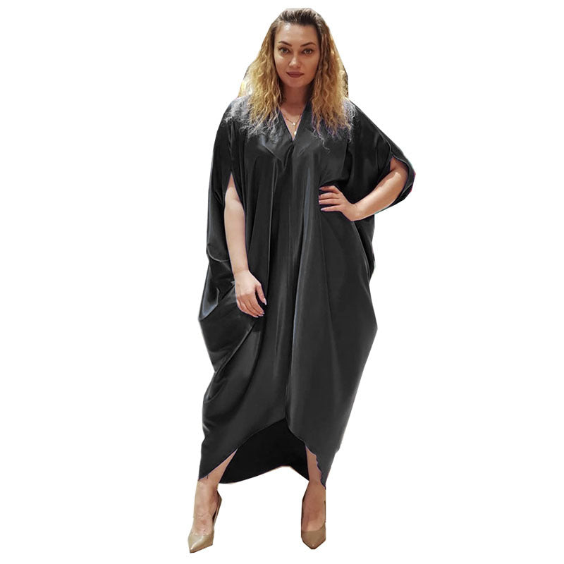 Glossy silky satinloosev neck bat sleeve mid-sleeve plaidfashion long skirt dress cross-border supply