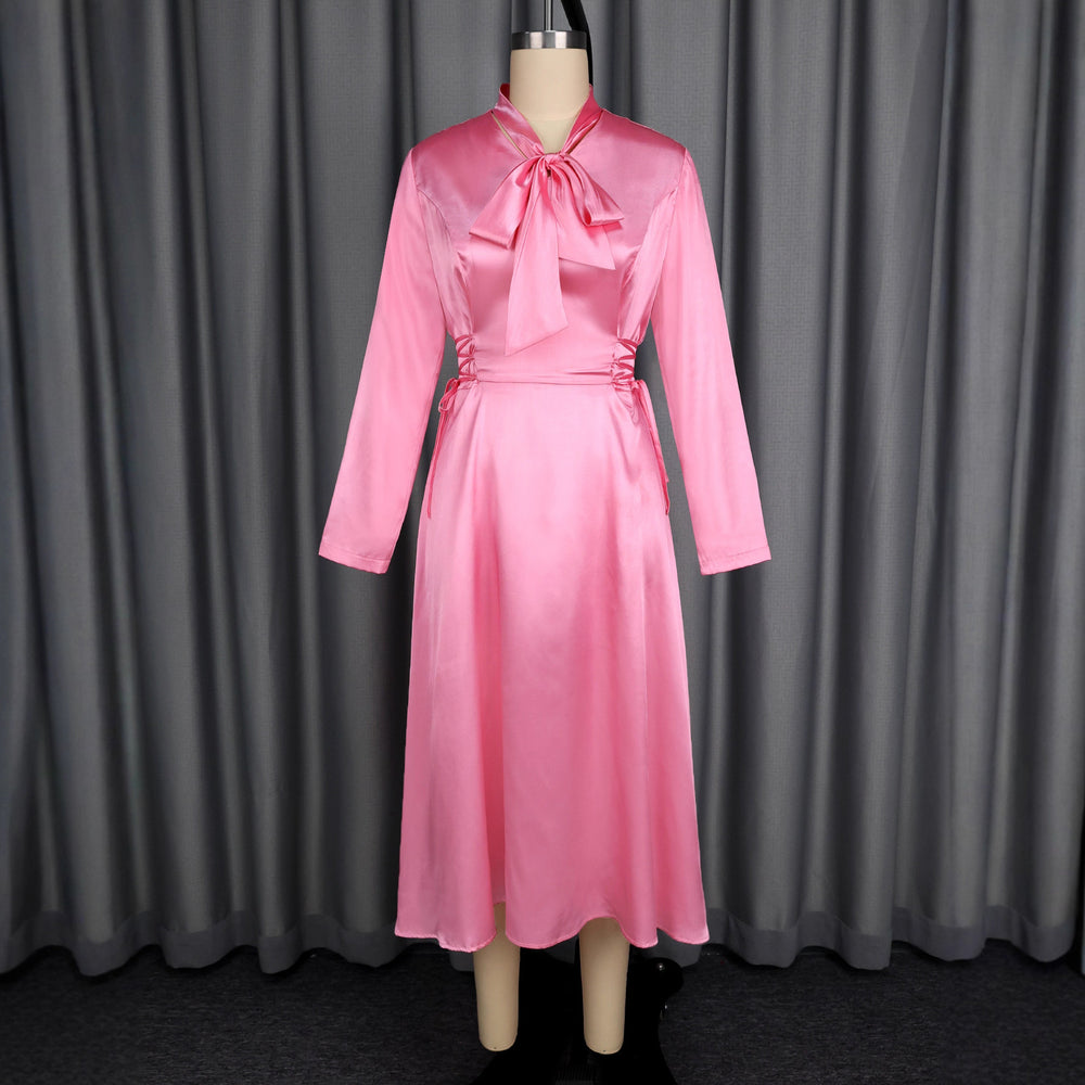 autumn satin stand collar long sleeve dress - elegant bow tie waist evening gown