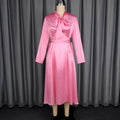 autumn satin stand collar long sleeve dress - elegant bow tie waist evening gown